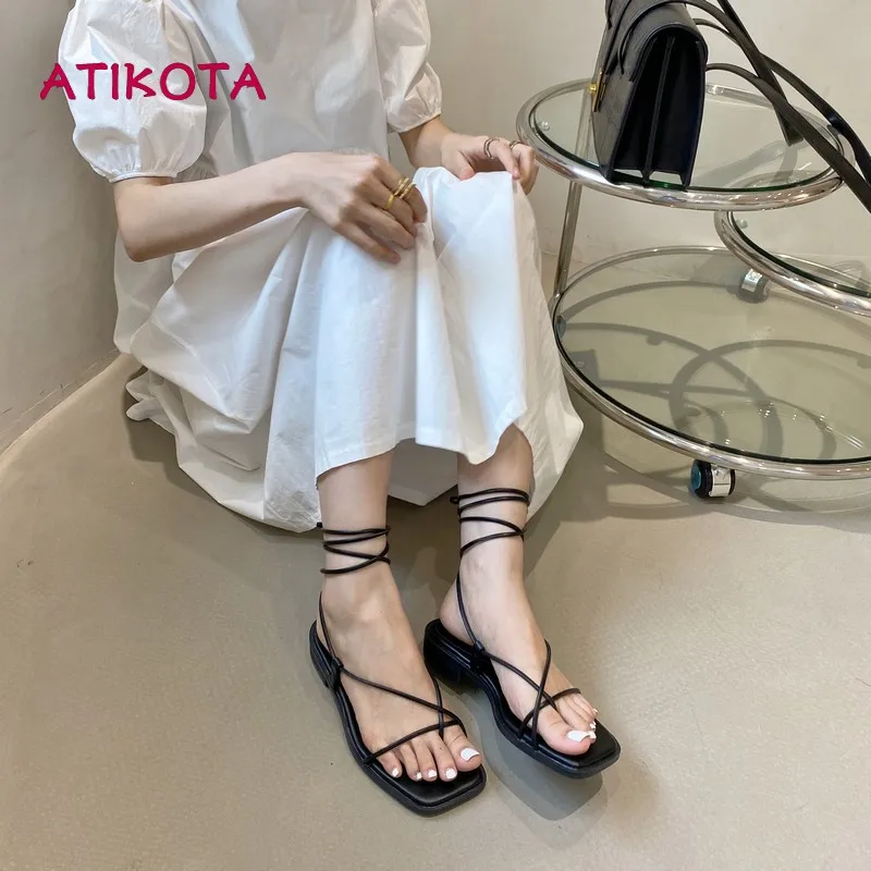 

Atikota Fashion Women Low Heel Sandals Narrow Band Ankle Cross-tied Soft Female Clip Toe Lace-up Shoes Summer Casual Sandal 2022