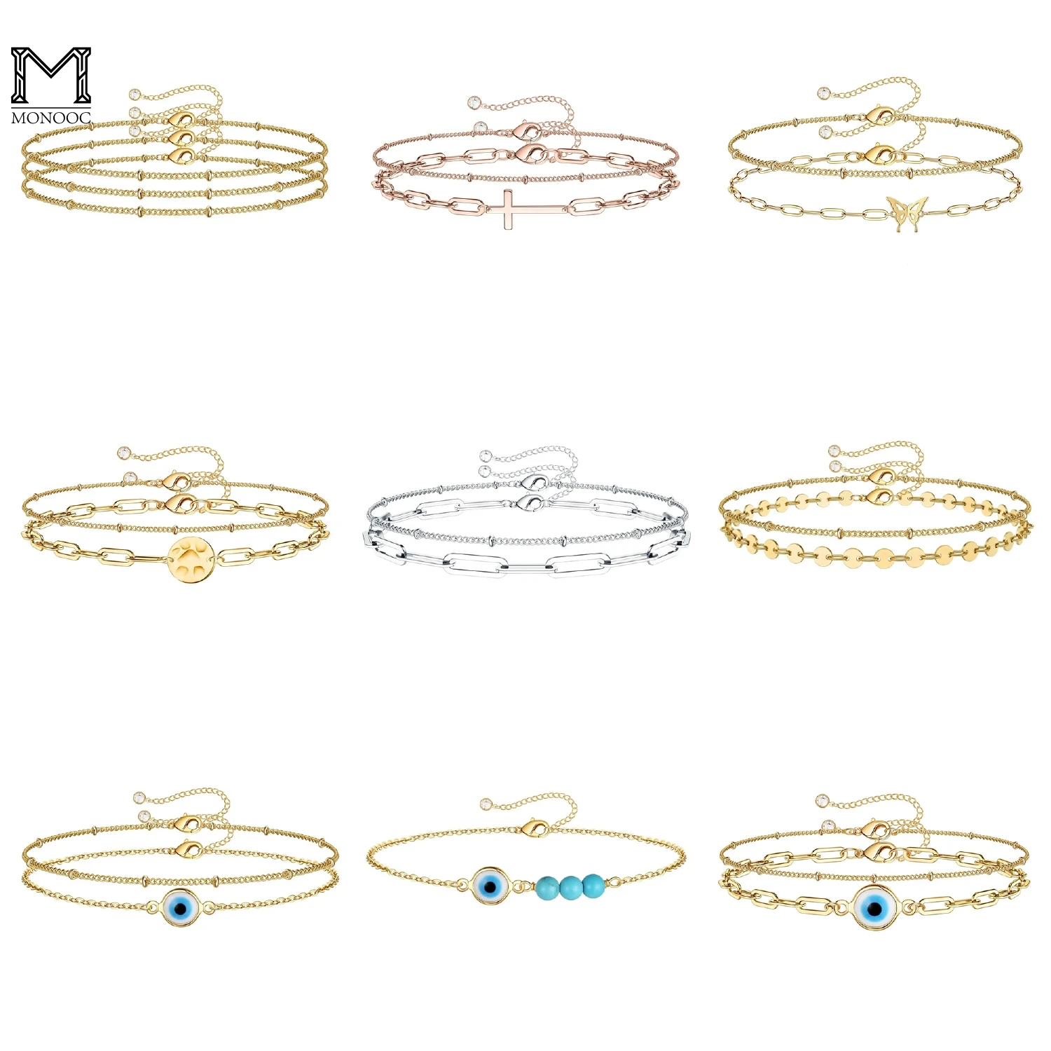 

MONOOC Dainty Layered Bracelets for Women, 14K Gold Filled Layering Oval Chain Bracelet Handmade Turquoise Evil Eye Pearl Bar