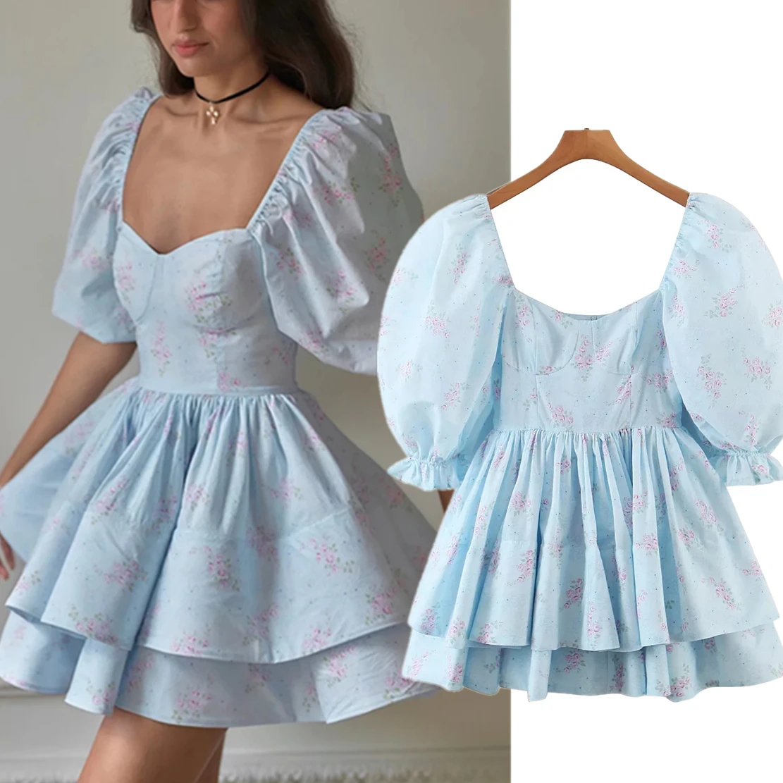 

Withered 2023 French Style Retro Puff Sleeve Square Collar Fashion Elegant Cascading Party Mini Dress Women