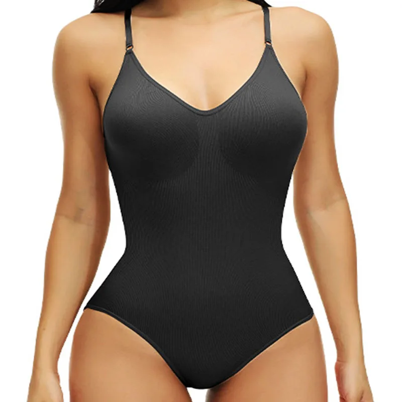 GUUDIA V Neck Spaghetti Strap Bodysuits with Padded Body Suits Open Crotch Shapewear Slimming Body Shaper Smooth Out Bodysuit