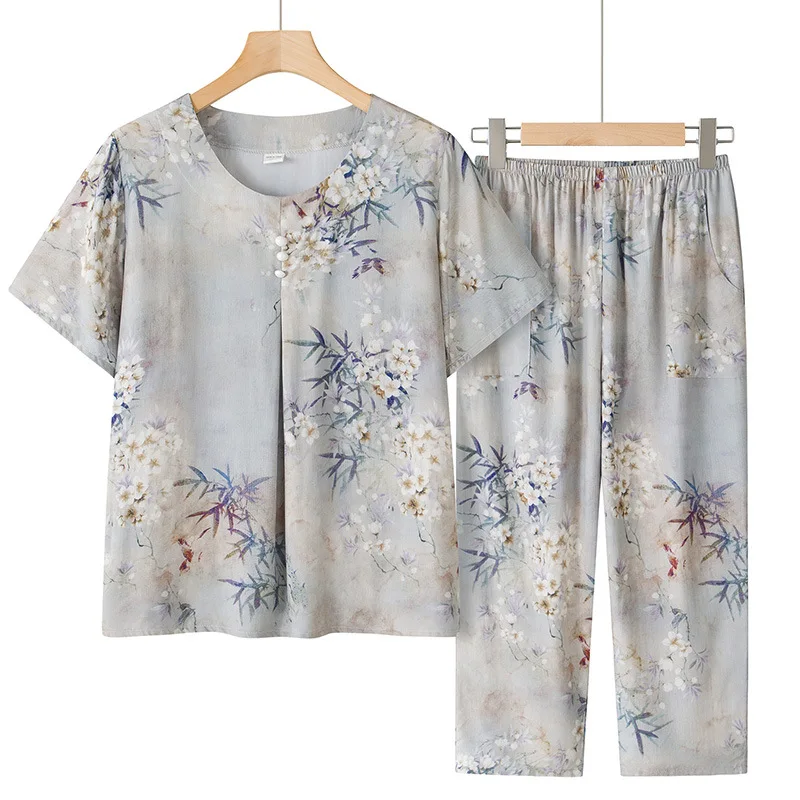 Фото XL-5XL ансамбль Femmes элегантный женский пижамный комплект с принтом, капри с короткими рукавами, брюки, костюм для мамы среднего возраста, домашняя одежда для сна №1