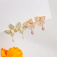 minar retro blue pink color enamel butterfly earring for women simulated pearl simulation wings statement dangle earrings gifts
