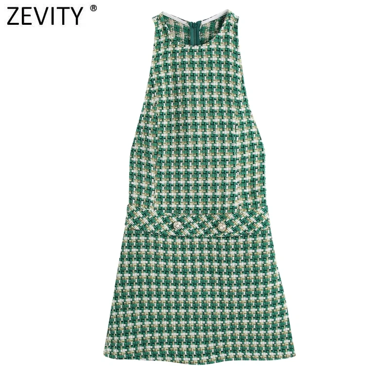 

ZEVITY Women Vintage O Neck Mixed Color Plaid Tweed Woolen Mini Dress Female Chic Back Zipper Casual Slim Vest Vestidos DS8923
