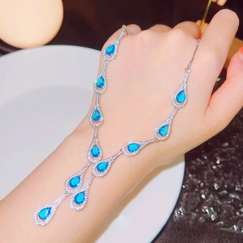 

KOFSAC Luxury Shiny Full Zircon Sea Blue Water Droplets Necklace For Women Glamorous S925 Silver Necklaces Engagement Jewelry