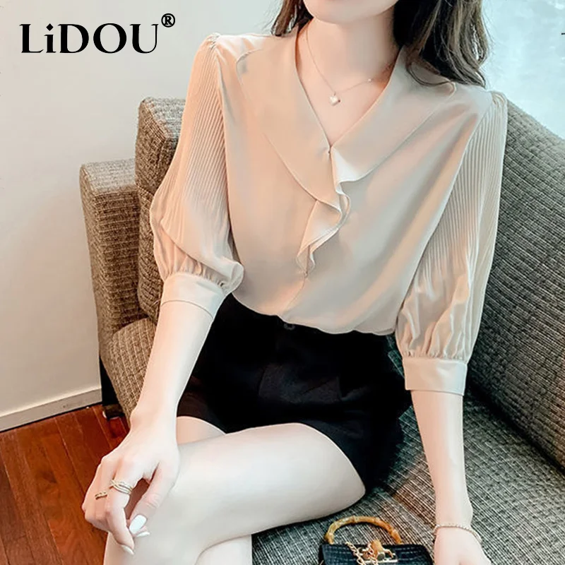 

Summer New Korean Fashion Ruffles V-neck Solid Temperament Shirt Women Half Sleeve All-match Loose Elegant Pullover Blouse Femme