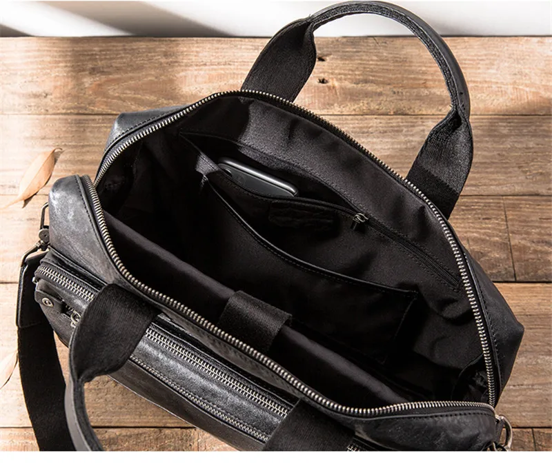 Retro fashion designer natural genuine leather men's black portable business briefcase office laptop ladies messenger bag