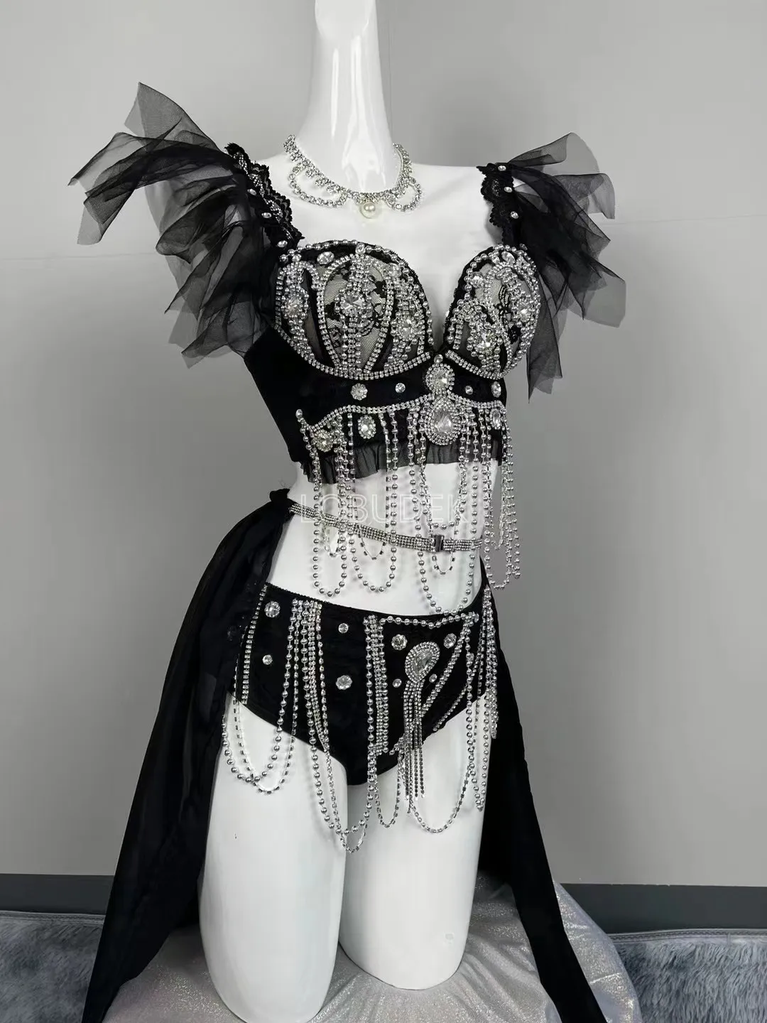 Черный женский бикини с бусинами со шлейфом сексуальный танцевальный костюм для