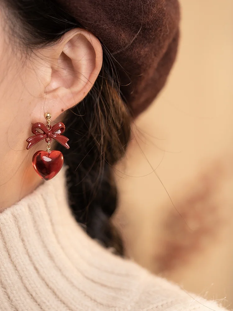 Ipink милые осенние и зимние серьги с красным бантом в виде персикового сердца