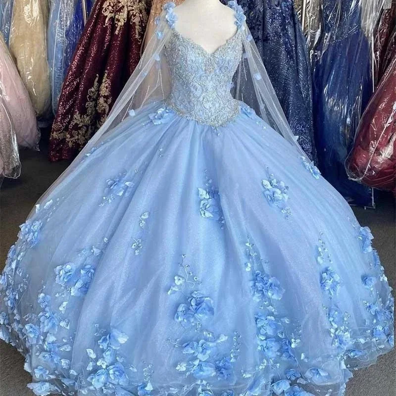 Sparkly Blush 3D Flowers Ball Gown Quinceanera Prom Dresses with Cape Wrap Caftan Beaded Lace Long Sweet 16 Dress Vestidos