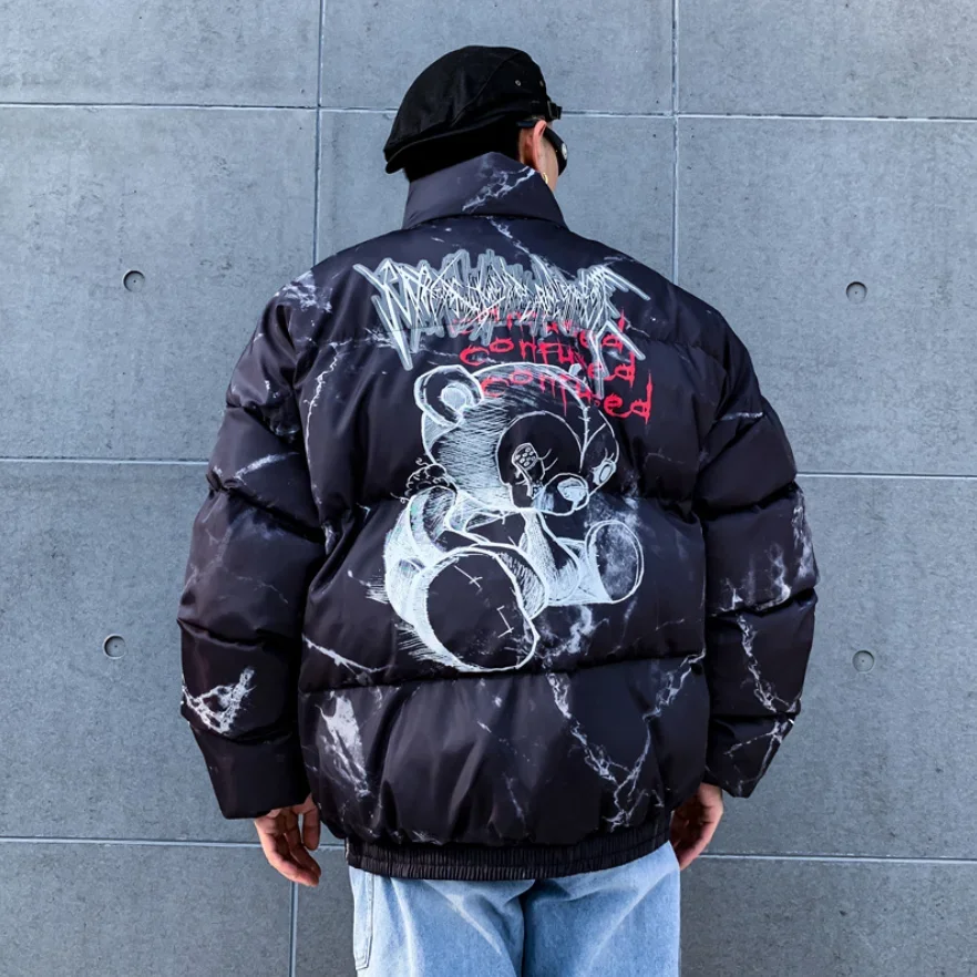 Зимний пуховик пальто мужская парка с мультяшным принтом медведя модная уличная