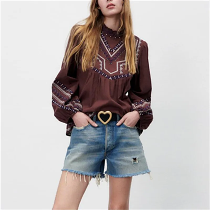 

PB&ZAspring new women's retro temperament loose vertical round neck puffy long sleeve contrast embroidered shirt
