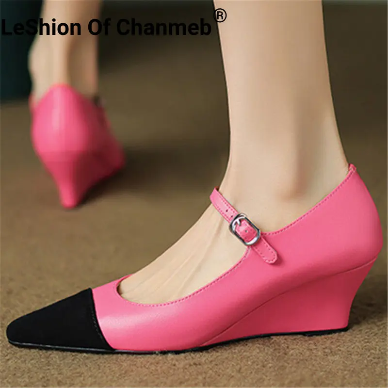 

LeShion Of Chanmeb Women Genuine Leather Wedge Heel Pumps Pointy Toe Mix-color Mary Jane Shoes Silver Rose Red Beige Pump Autumn