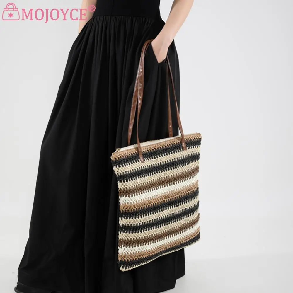 Пляжная соломенная сумка в полоску Модный богемный саквояж на плечо большой