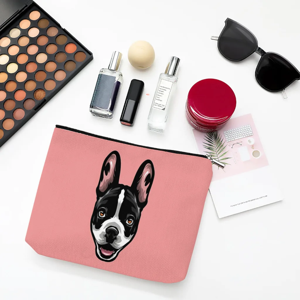

Женская льняная косметичка с портретом, Дамский тоут с французским бульдогом, сумочка для макияжа домашних животных, дорожный органайзер, ч...