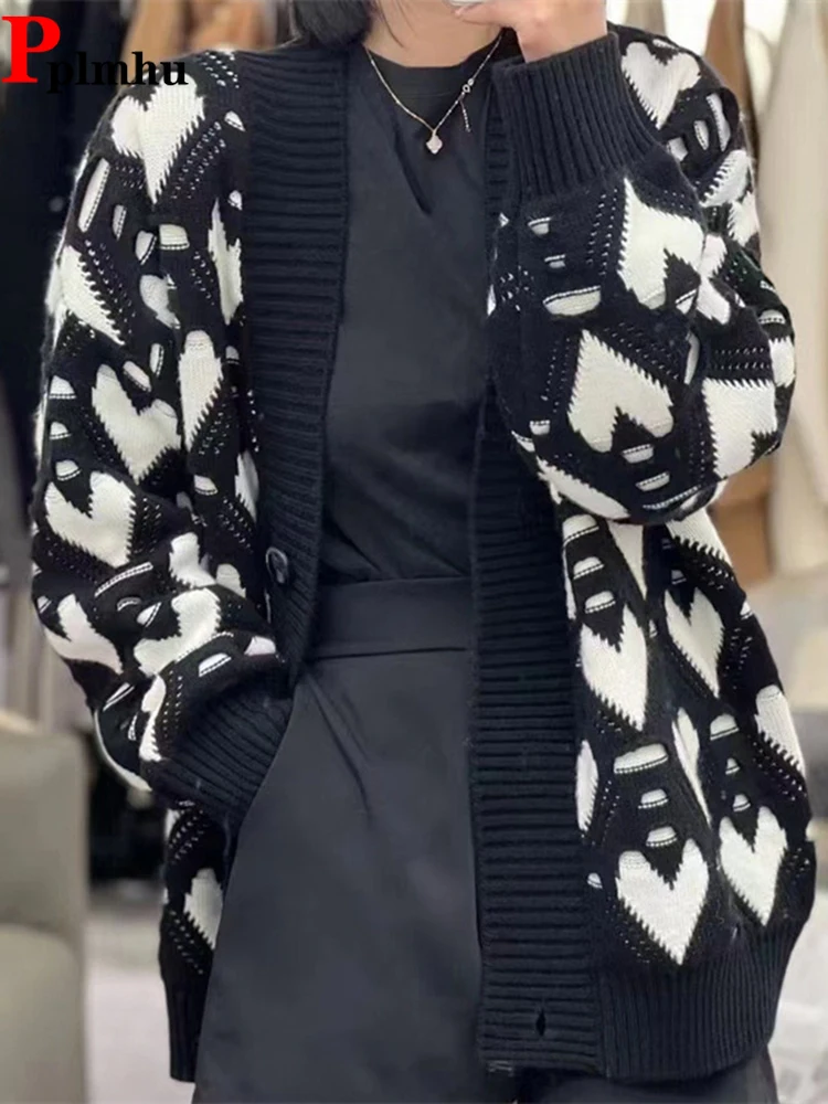 

Coats Women Casual Love Print Knitted Jackets Korean V-neck Knitwear Casaco Thick Warm Gilet Fall Winter Loose Sweater Cardigan