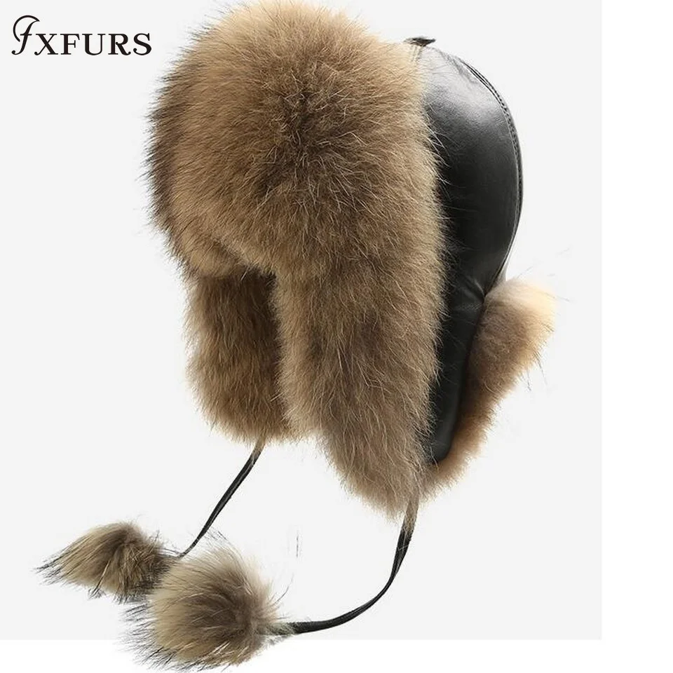 

Caps Women's Winter Raccoon with Leather Tops Ear Flaps Bomber Hats Russian Ushanka outdoor Leifeng Fox Fur High quality