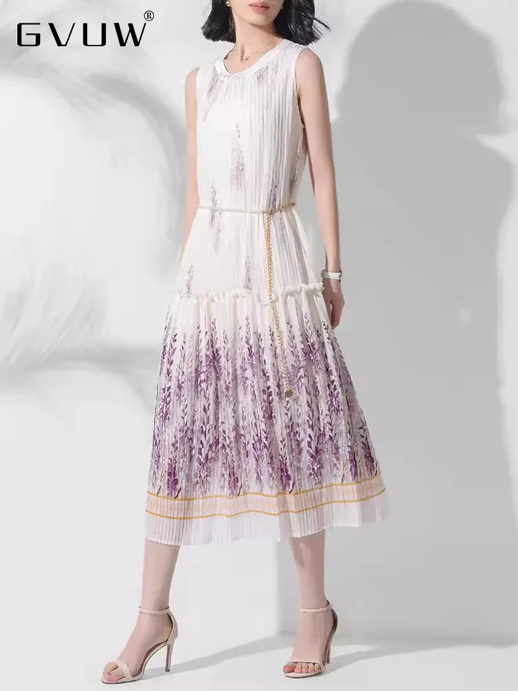 GVUW плиссированное платье с принтом женское круглым воротником без рукавов на