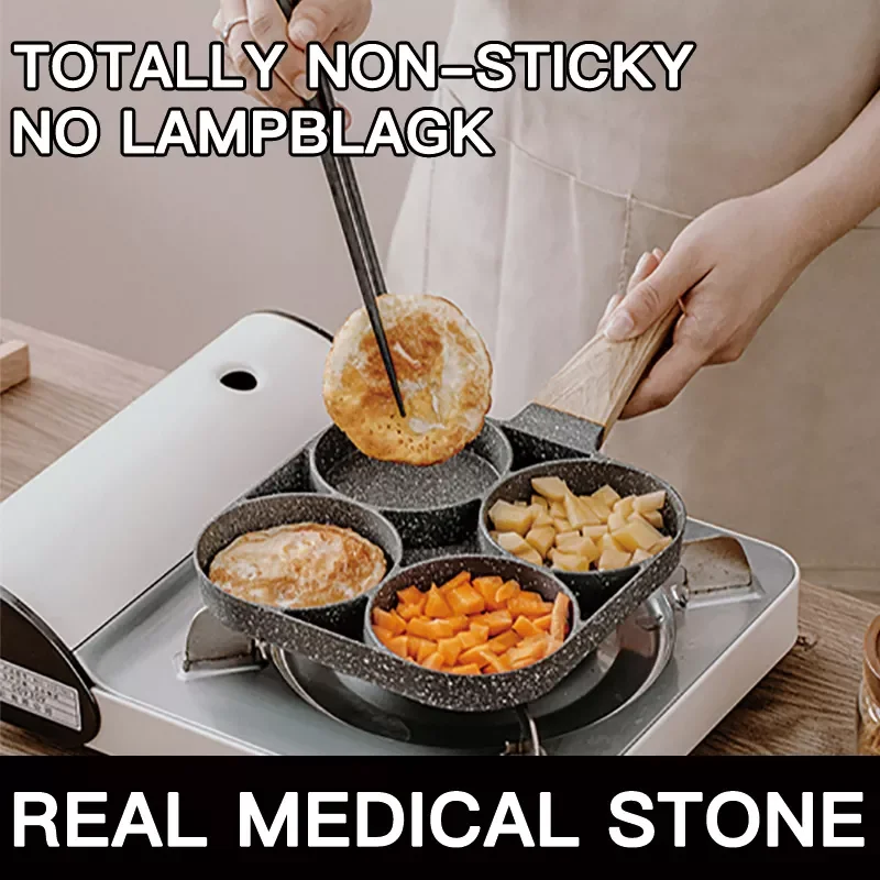 

2023 Non-stick Frying Pot Pan 2/4 Holes Steak Egg Pancake Thickened Omelet Pan Wooden Handle Pan For Kitchen Utensils Pan