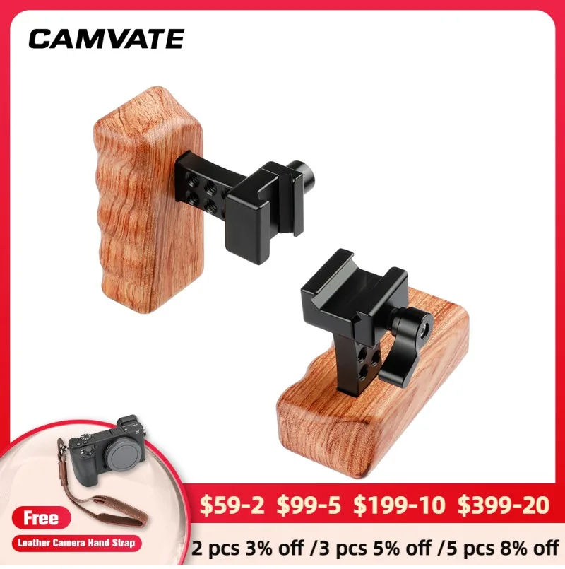 

CAMVATE Wooden Handle Grip (Left & Right) With Quick Release NATO Safety Rail Clamp For DV Video Cage (RED Camera, Red Rig)