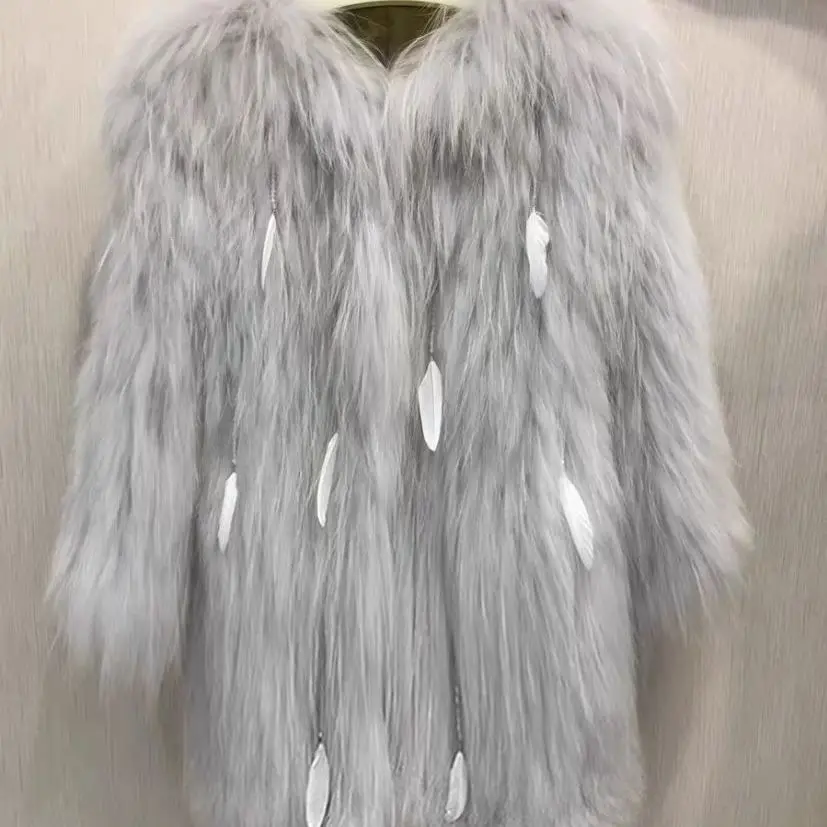 Fox Fur Raccoon Fur Feather Imitation Fur Fashion Coat Female Middle Long Thin Pearl Pendant Fringe Casual Coat Female