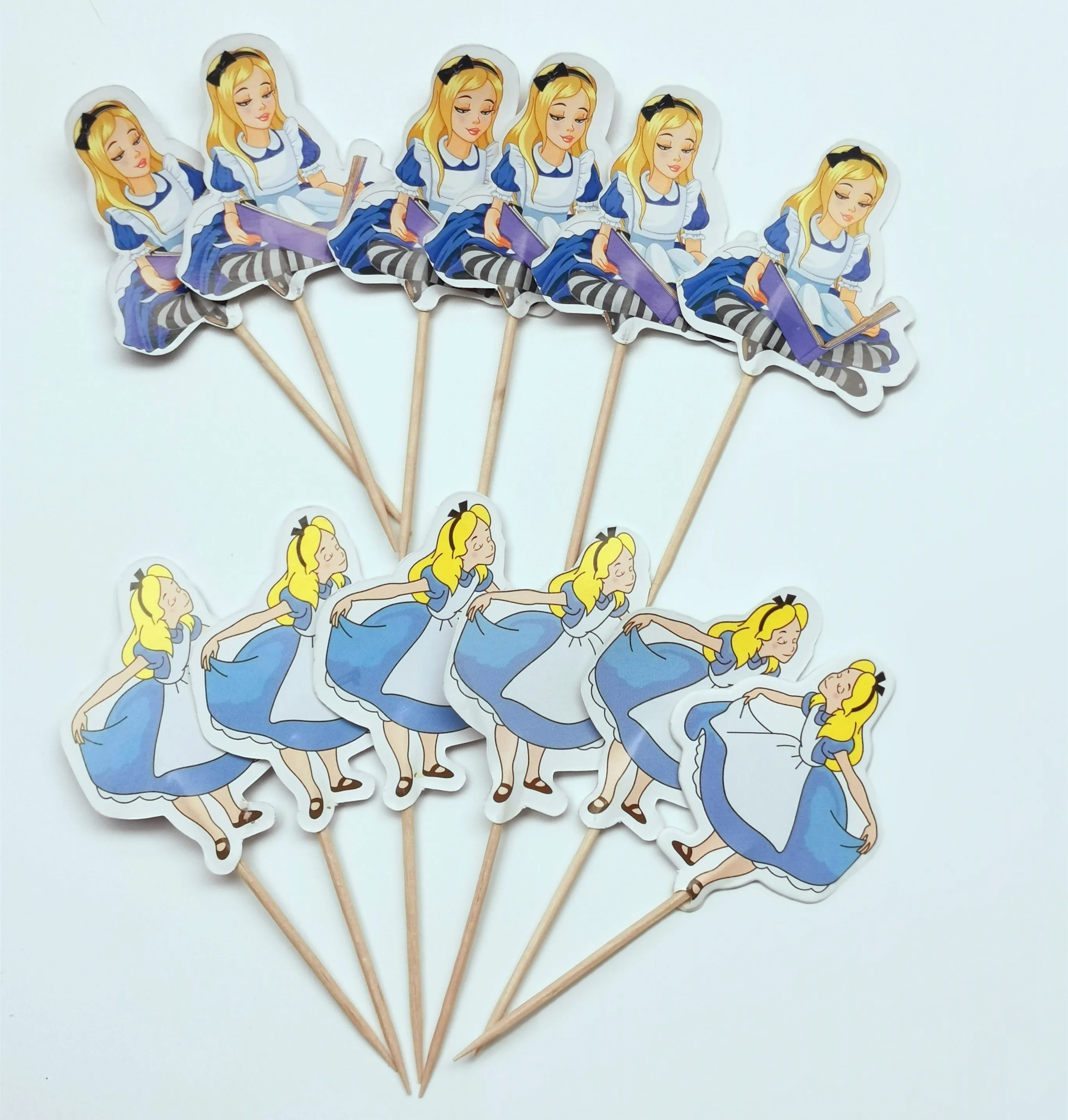 

24pcs/lot Alice in Wonderland Theme Cake Topper Girls Kids Favors Kids Birthday Party Cupcake Toppers Baby Shower Party