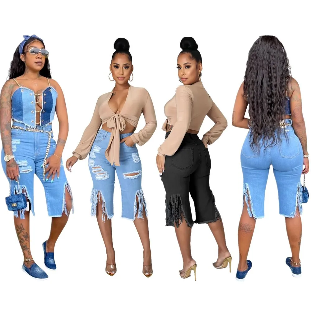 

S-3XL Women Denim Summer Shorts with Pockets Fashion Tassel Sexy Hole Jeans for Ladies Stretch Pants Wolesale Dropshipping