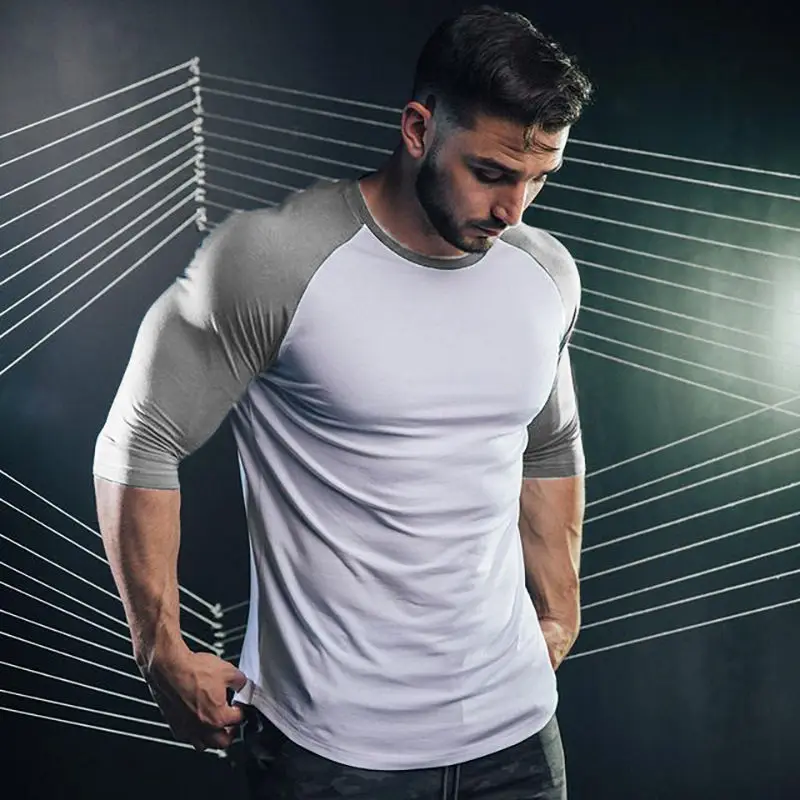 

Autumn new three-quarter sleeve fitness clothing men's cotton elastic running training round neck long-sleeved bottoming shirt