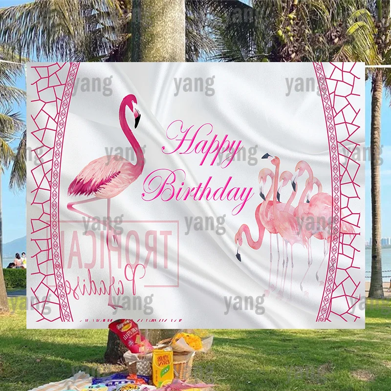 

Pink Flamingo Customize Happy Birthday Party Backdrop Cute Newborn Girls Forest Green Leaves Background for Photo Decoration