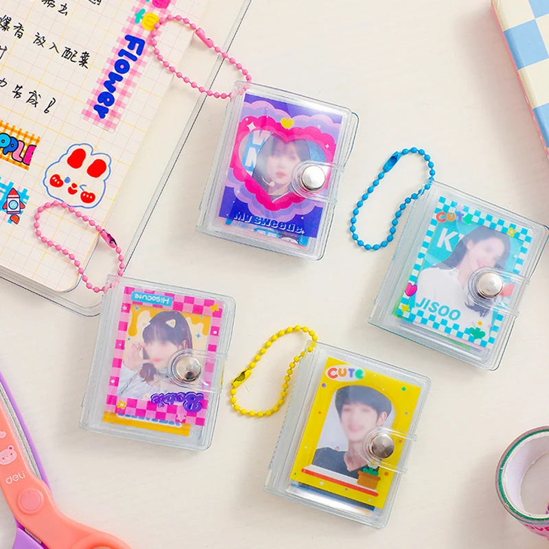 

2 Inch Cute Mini Holds With Keychain Photocard Holder 16 Photos Transparent PVC Card Binder Star Chasing Album Idol Storage Book