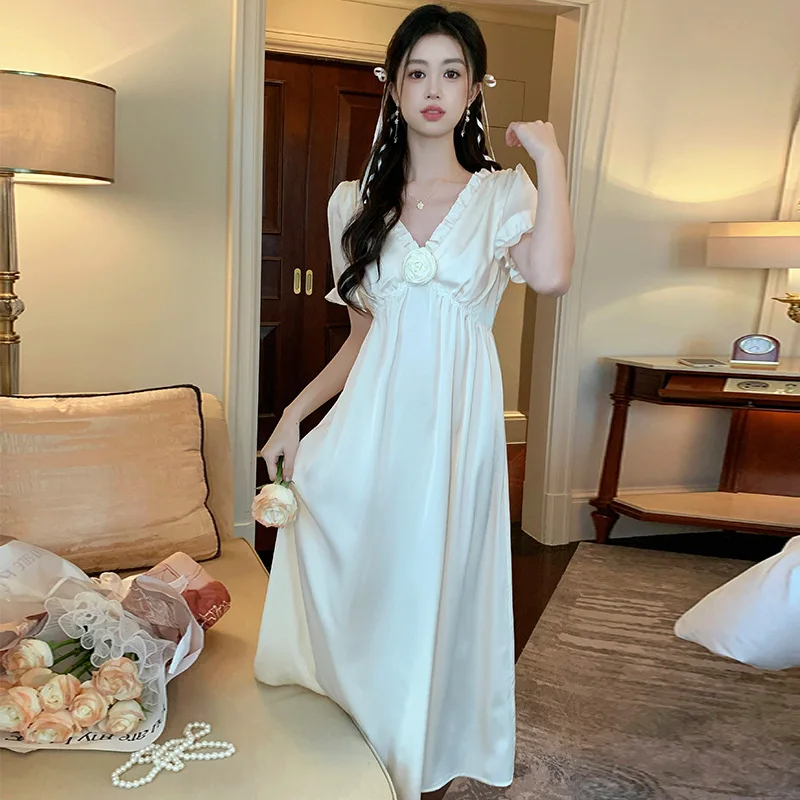 

Women's Apricot Satin Nightgown Sexy French V Neck Sleepwear Summer Pajama Short Sleeve Home Wear