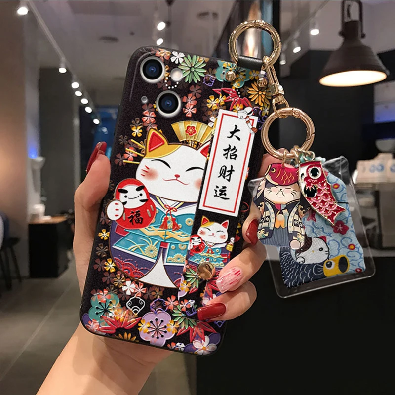 

Lucky Cat Phone Case For Samsung S 22 21 20 Ultra 22 21 10 Plus Note 9 10 20 Ultra Plus Wristband Bracket Soft Phone Case Cover