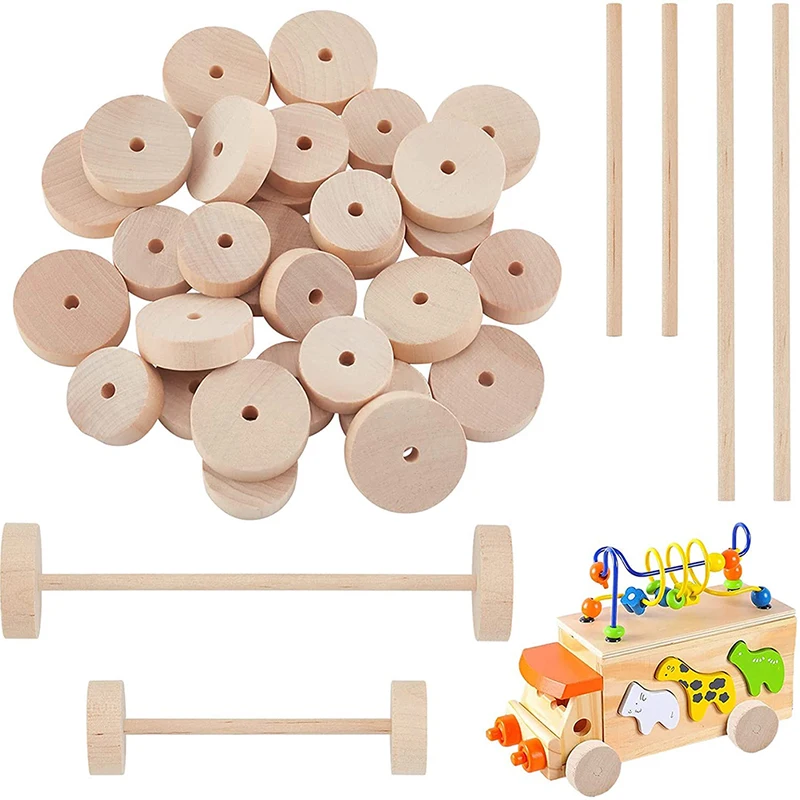 

1Set Unfinshed Wood Wheels with Wooden Sticks Craft Wheels Tires with 0.2 inch Holes for DIY Model Cars Toy
