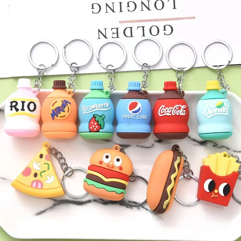 

10Pcs/Lot Fashion PVC Rubber Keychain Burger Keychain Cute Expression French Fries Pizza Hot Dog Bag Pendant Keyring Friend Gift