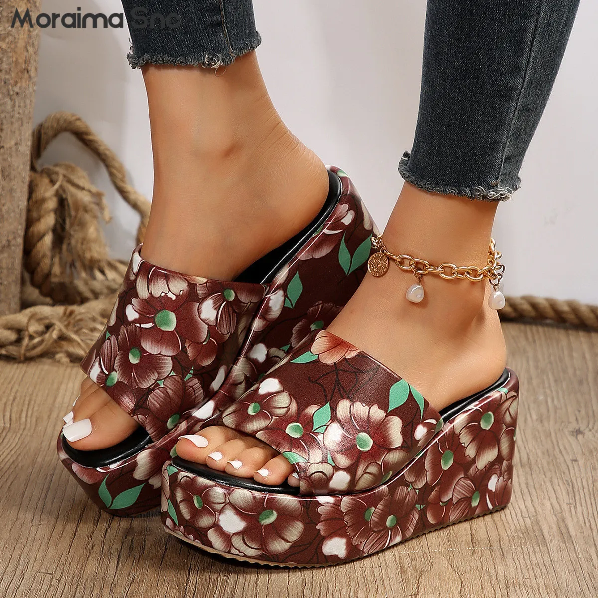 Blue and White Plaid Thick-Soled Slippers Round Toe Wedge Open Toe High-Heeled Sandals Leisure Beach Vacation Women's Shoes