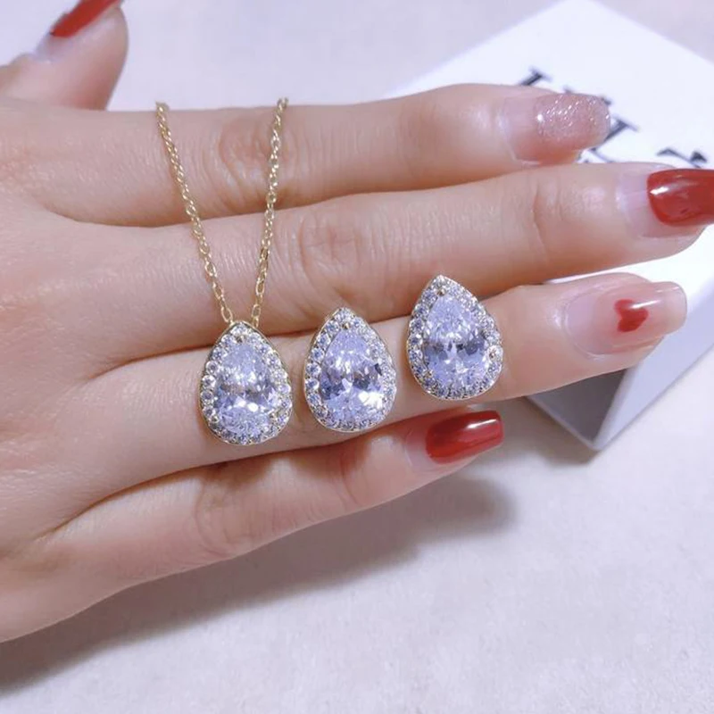 

UILZ 2pcs Pack 2022 New Luxury Waterdrops Silver Color Bride Wedding Necklace Earrings For Women Lady Anniversary Gift Jewelry