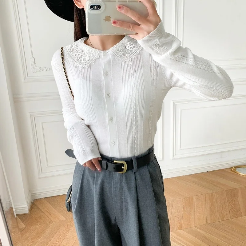 

Женский трикотажный кардиган с кружевными краями, белый эластичный тонкий вязаный кардиган с круглым воротником, Осень-зима 2022