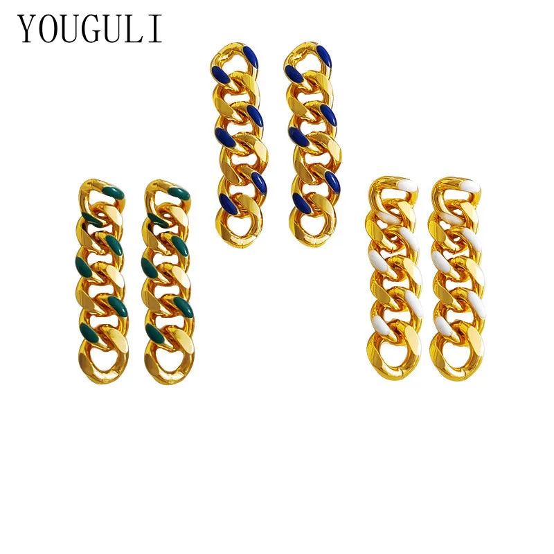

Modern Jewelry Metal Chain Drop Earrings Popular Design Green Blue White Enamel Dangle Earrings For Party Gifts
