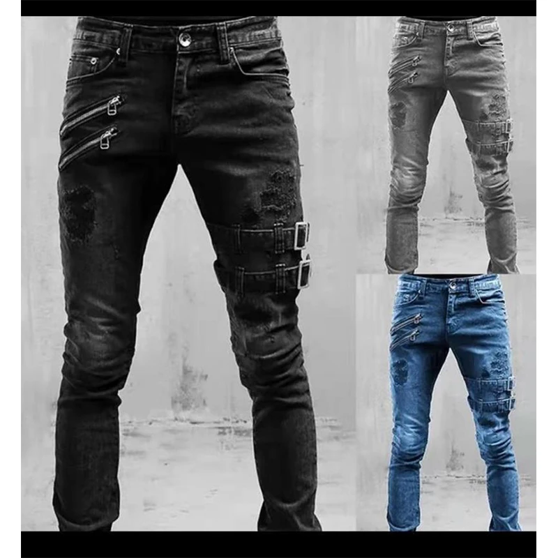

Men's Streetwear Skinny Cacual Designer Long Denim Pants Trousers Straight Jeans Fashion Streetwear Men Middle waist Jeans