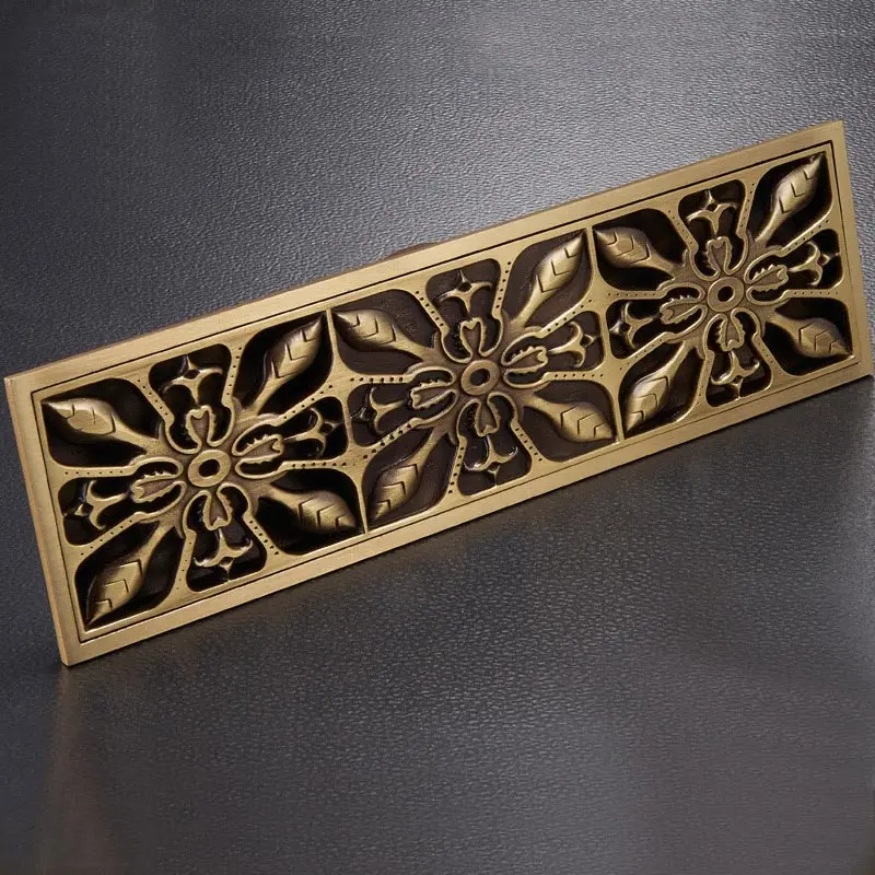 free shipping antique brass 8 x 28cm bathroom linear shower floor drain wire strainer waste drainer flower carved fd015 free global shipping