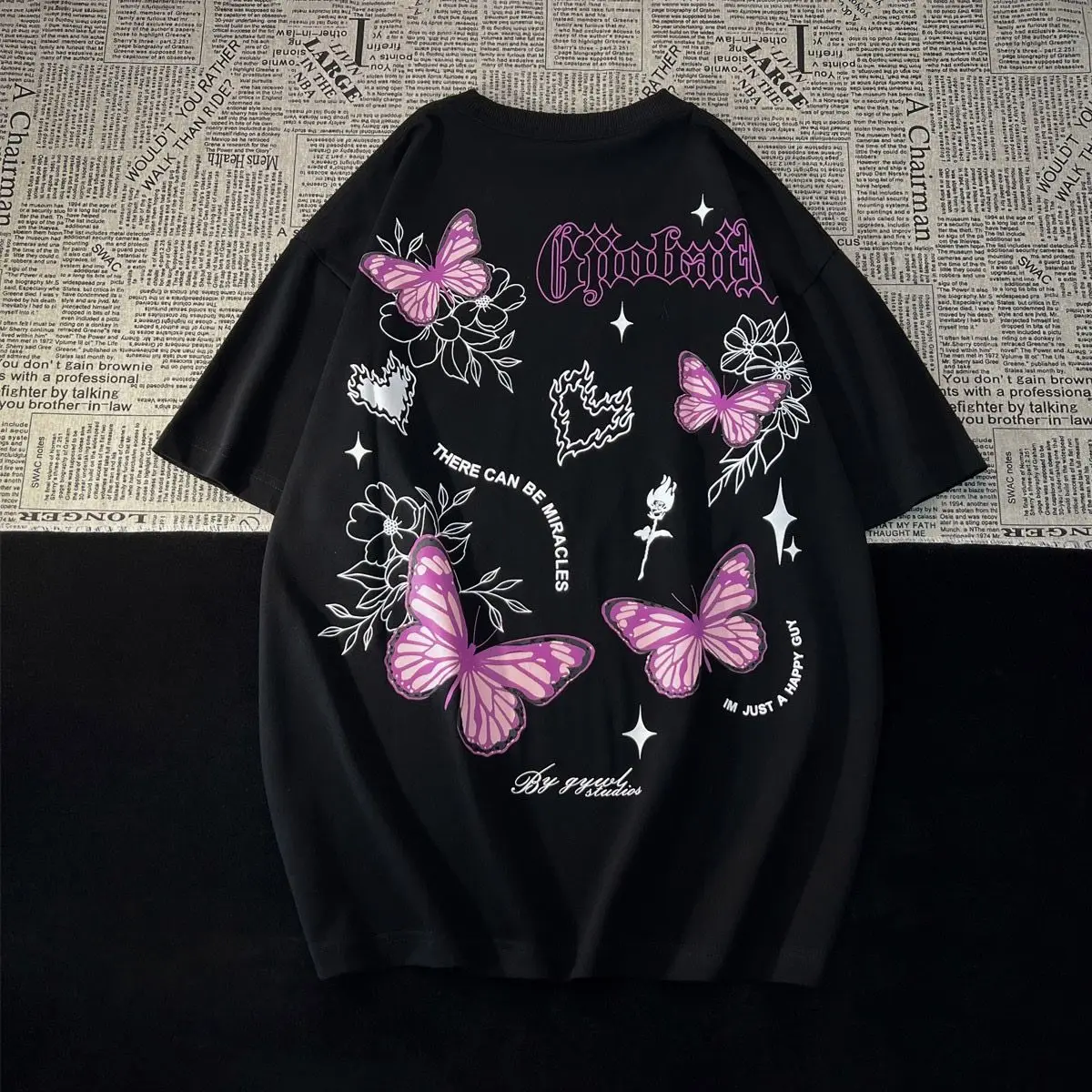 

American street sweet cool butterfly t-shirt men and women summer loose trendy Hong Kong style couple half-sleeve tops y2k