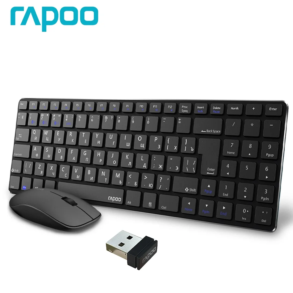 

Rapoo 9300M Multi-mode Bluetooth Wireless Russian Keyboard Silent Ultra-Slim Keyboard Optical Mouse Set English/Russian Layout