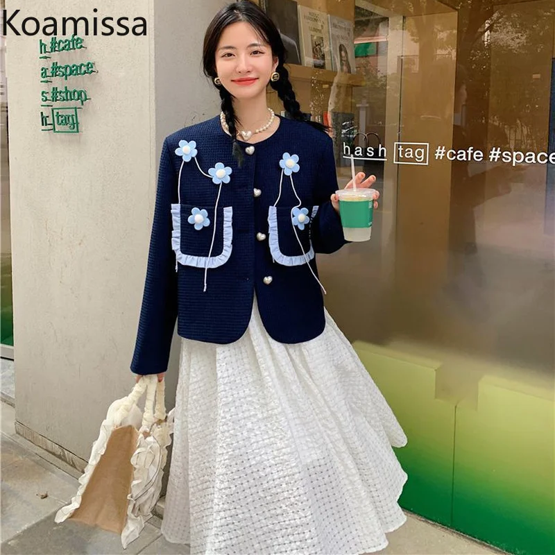 

Koamissa Women Spring Autumn Sweet Blazer Appliques Flower Fashion Office Lady Chic Korean Coat All Match Women's Clothes 2022