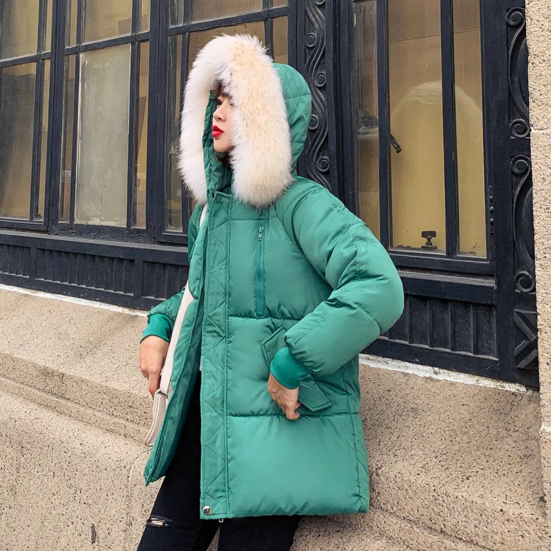 Women Fashion Winter Outerwear Long Sleeve Cotton Hooded Jacket Loose Parka Plus Size Red Overcoat Ladies Faux Fur Collar Coat