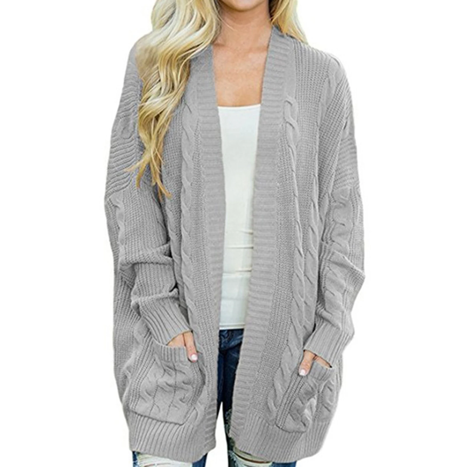 

Женский вязаный кардиган с карманами, повседневный однотонный кардиган свободного покроя с длинным рукавом и открытой передней частью, мод...