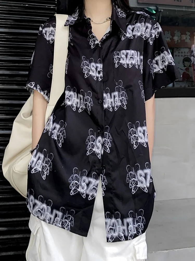 

2022 Summer Butterfly Letter Print Short Sleeve Shirts Women Harajuku Clothing Casual Hip Hop Oversized Tops Blouse Korean Blusa