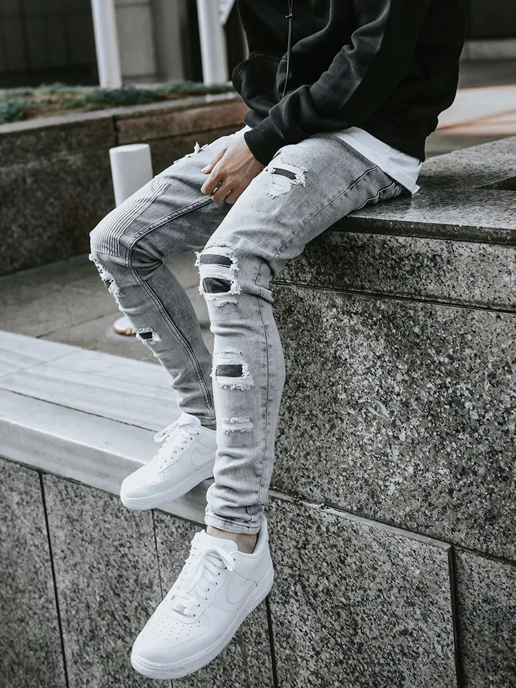 New Designer Jeans Men's Skinny Ripped Jeans Fashion Beggar Patches Slim Stretch Denim Pants Hip Hop Jogging Trousers Streetwear