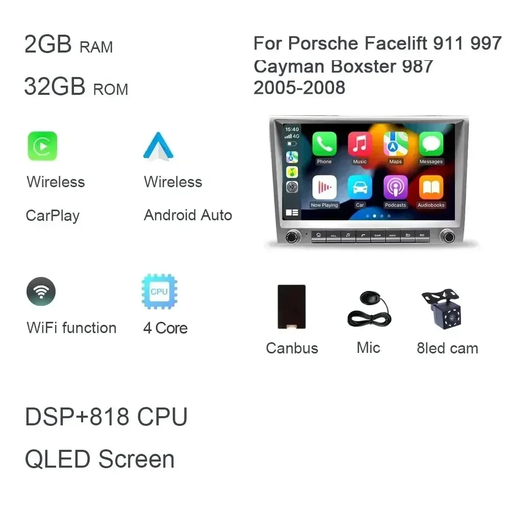 

720P CarPlay 8 "2 din серый Android 14.0 Автоплеер 8-ядерный 8 ГБ мультимедийный GPS-авторадио для Porsche 911 997 987 Cayman Boxster