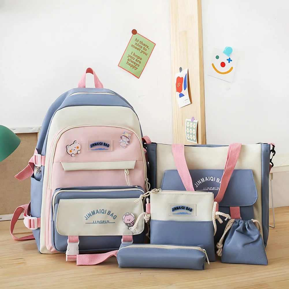 

5Pcs Sets Girls Backpack Kawaii Cartoon Student Book Bags High School Bookbags Schoolbag Large Capacity Pencil Case Handbag Tote