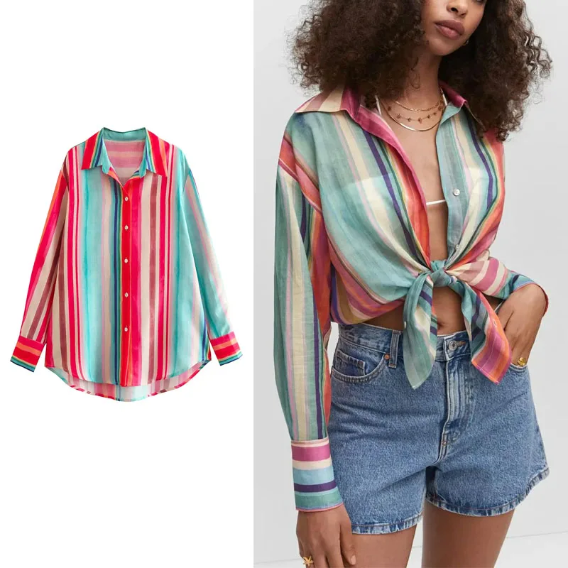 

TRAF 2023 Summer Women's Colorful Stripe Printed Loose Lapel Shirt+Long Colorful Stripe Wide Leg Two Piece Set
