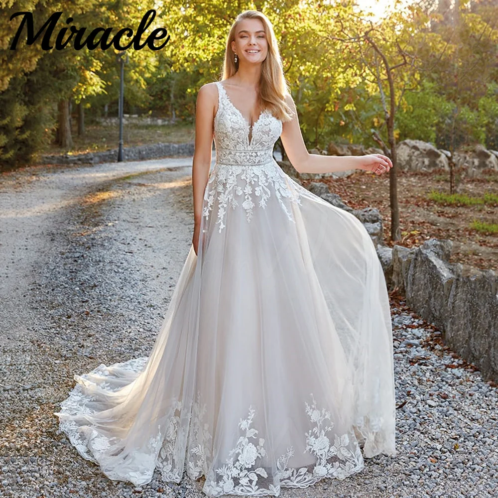 

Романтичное кружевное свадебное платье, трапециевидная аппликация, женское платье принцессы со шлейфом, платье невесты